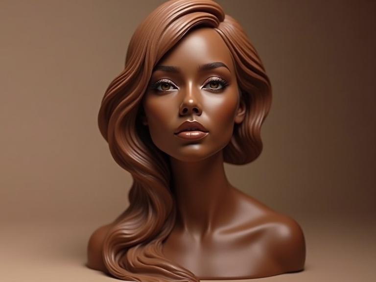 An artistic representation of a female figure made of dark, white, and milk chocolate in a professional studio setting with a warm background.