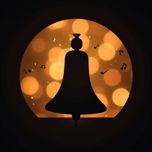 Circular logo with trumpet bell silhouette in foreground. Background is soft bokeh of musical notes. Minimalist design with warm amber and gold lights on dark background.