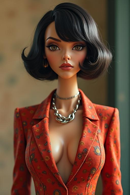 A Corporate Memphis style woman with a 54 cm bust. She wears a vibrant red floral blazer with a pronounced silhouette. The attire is chic and fashionable, suitable for contemporary presentations. This figure showcases elegance and modern fashion sensibility.