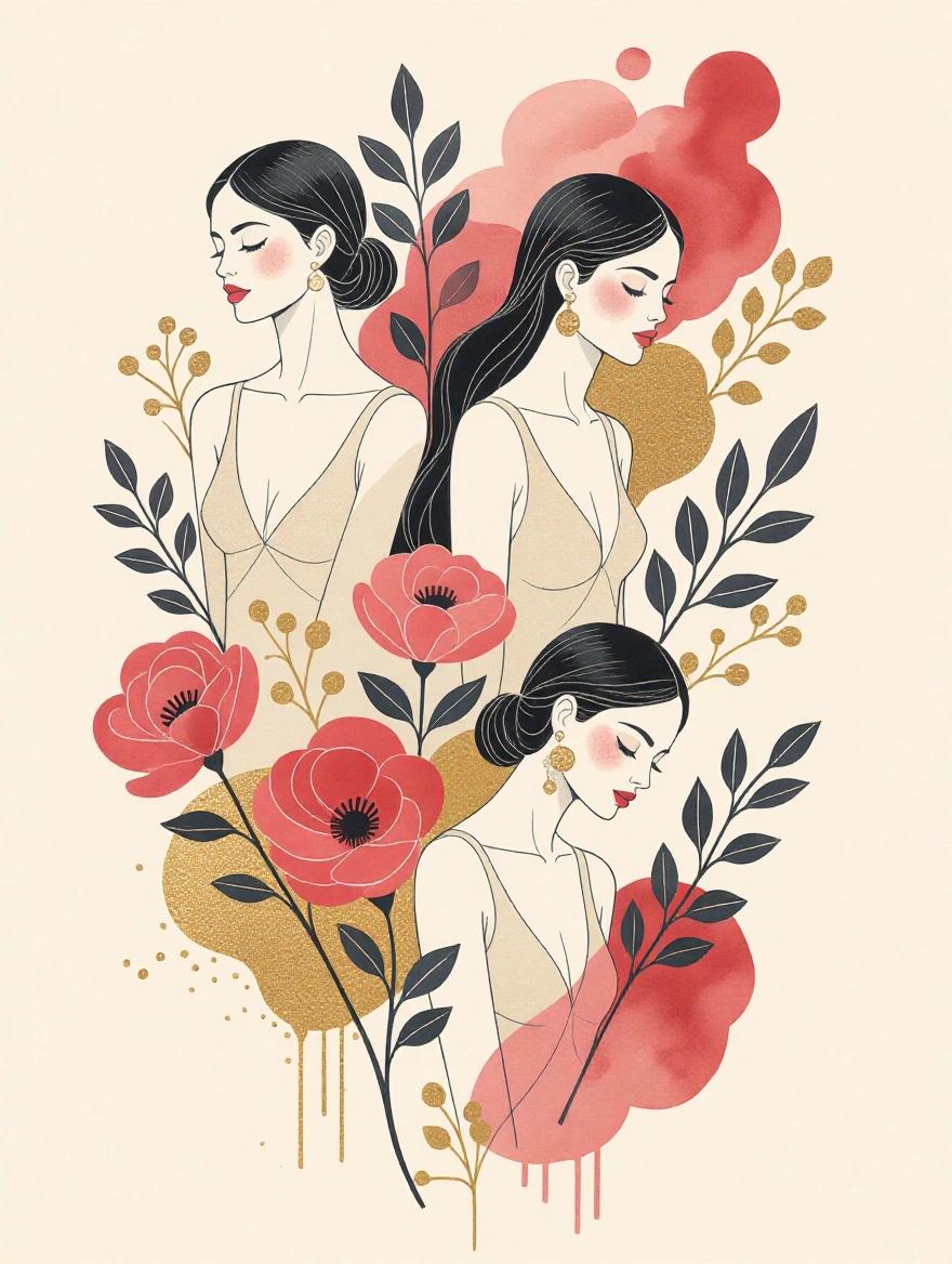 Delicate illustration of female figures with minimal linework. Soft watercolor washes in reds, pinks, and golds. Figures are sensual and introspective, surrounded by abstract shapes and flowers. Fuses fashion illustration and fine art sensitivity.