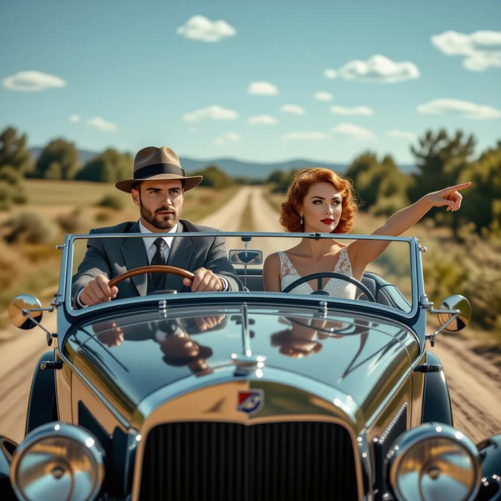 A man and a woman sit in a vintage 1930s car on a dirt road. The man grips the steering wheel with urgency. The woman points forward enthusiastically. The setting is serene with a clear blue sky and rolling hills in the background. The photograph captures a sense of adventure and nostalgia.