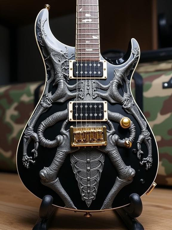 A B.C. Rich Warlock guitar displays a medieval skeleton design in black and white on a stand. A camo carrying case is in the background.