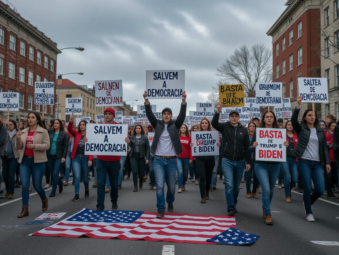 Ultra-realistic 3D photo of protestors in the streets with signs saying “SAVE DEMOCRACY” and “ENOUGH OF TRUMP AND BIDEN”. Emotions of crying. Despair shown. Crumpled American flags on the ground. Dramatic cloudy sky.