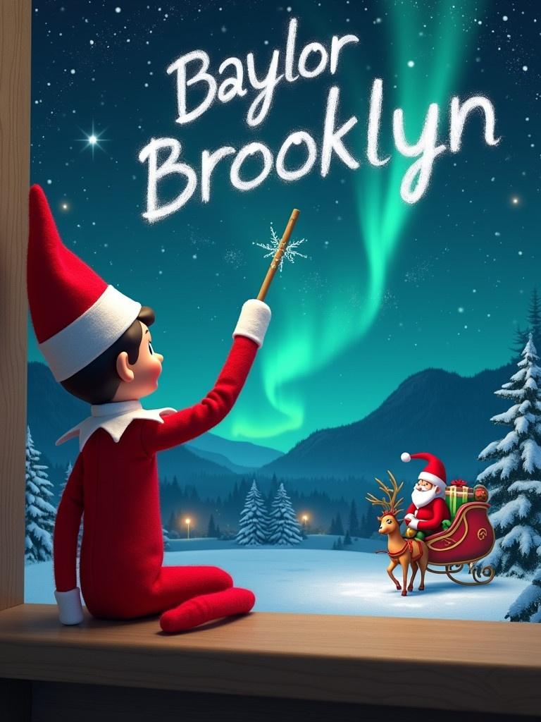 An elf writing Baylor and Brooklyn with a wand in the night sky. Elf observes a magical Christmas scene. Background features northern lights and Santa Claus with a sleigh.