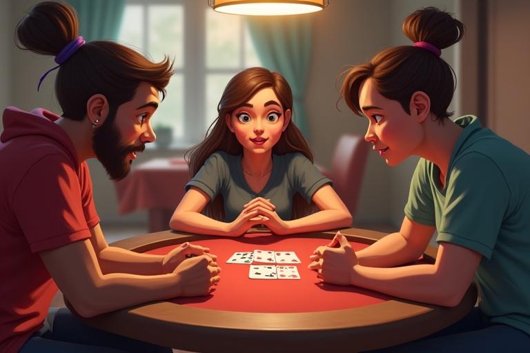A lively 2D scene shows diverse individuals playing rummy around a table. Characters exhibit strategic gestures and expressions.
