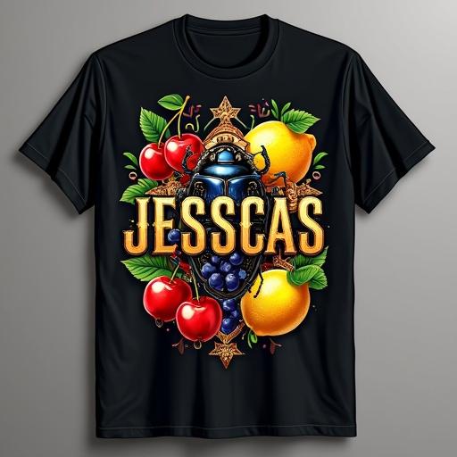 Design for a black T-shirt print featuring elements of an online casino named JESSCAS. Include realistic fruits like cherries lemons grapes, a detailed scarab beetle, cowboy-themed items like hats and revolvers, and slot machine icons. Use vibrant colors and a non-metallic finish. Prominently display the brand name in a bold font. Arrange elements dynamically with a transparent background.