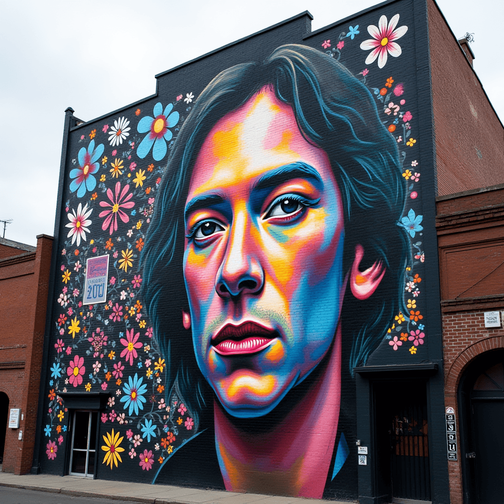 A striking mural on a brick building featuring a vividly colored portrait surrounded by flowers.