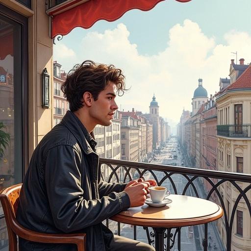 Young man enjoying coffee on a café terrace in a city center. The image should be in a pencil drawing style.