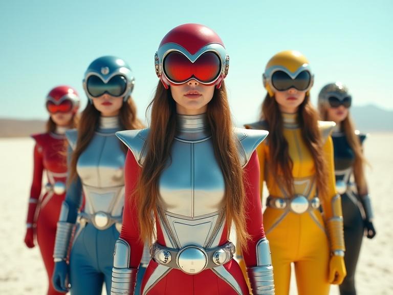 Five female figures in colorful space age armor suits stand in a desert. They wear sleek helmets and sunglasses. The suits are red, blue, black, yellow, and silver. Long hair flows down their backs. The setting is bright and sunny. They are posed confidently. The scene represents a heroic vibe.