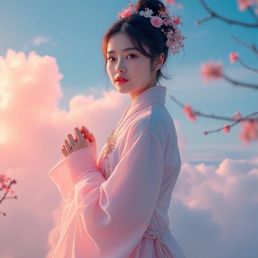 Fullbody portrait of a woman in traditional clothing against vibrant clouds. Woman wears hanfu and floral hair accessories. Soft light highlights her features. Graceful pose in a cultural setting. Pink clouds blend with cosmic blue hues. Ethereal dreamscape with vibrant colors.