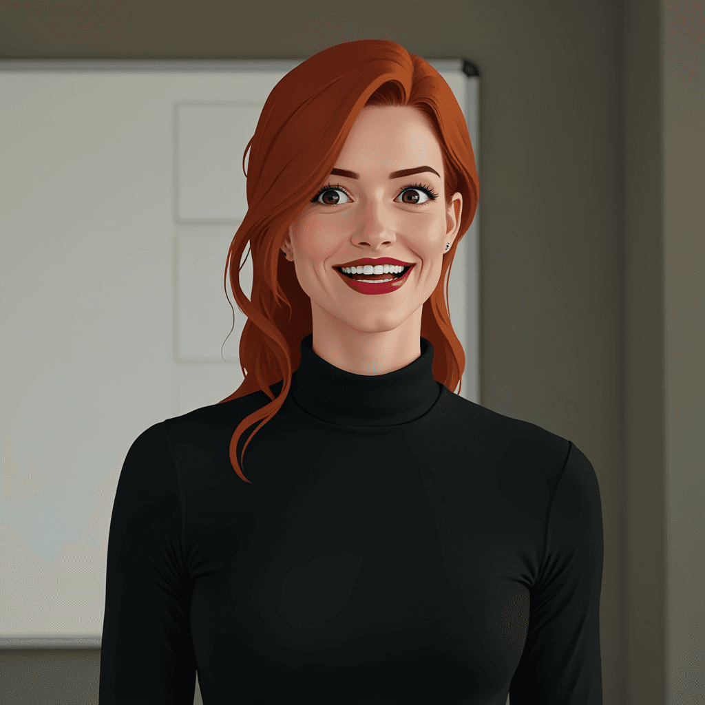 A digital illustration of a smiling woman with red hair in a black turtleneck.