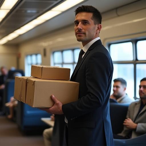 A regular customer dressed in a suit is delivering items on a train. He is holding boxes as he stands in the train interior with other passengers in view.