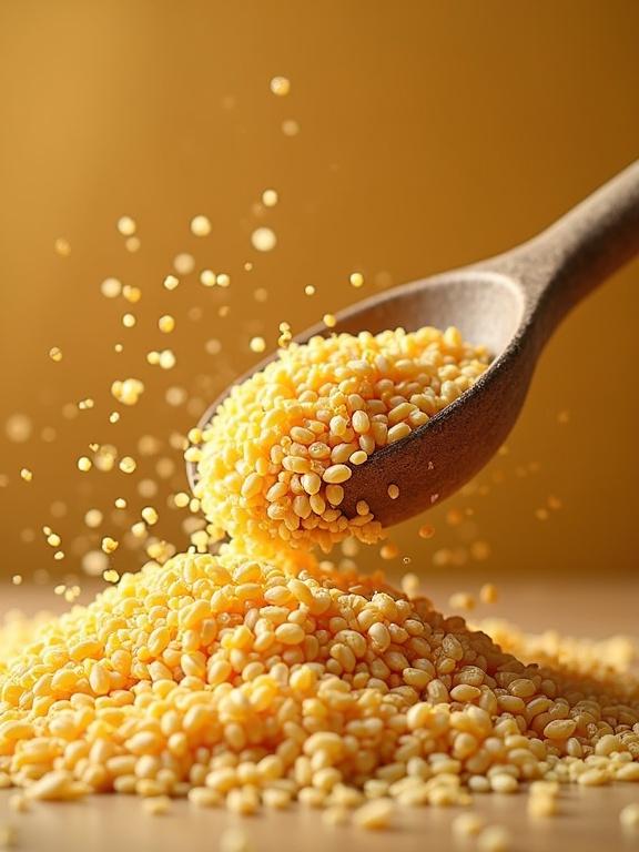 Close-up of yellow grains falling from a wooden spoon in slow motion. Soft warm light highlights the texture and color of the grains. A pile of grains below captures the falling motion.