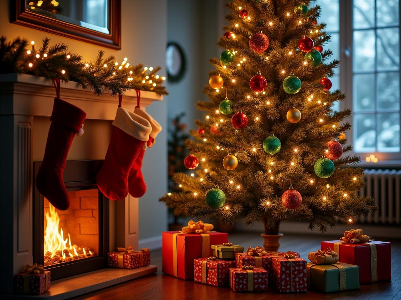 A decorated Christmas tree with twinkling lights and colorful ornaments. The tree is tall and lush, adorned with shimmering baubles and sparkling tinsel. Below, there are beautifully wrapped gifts in various sizes, adding to the festive spirit. The background features a cozy room with a fireplace and stockings hung with care. Snow can be seen gently falling outside the window, enhancing the holiday atmosphere. Warm light fills the scene, creating a cheerful and inviting ambiance.