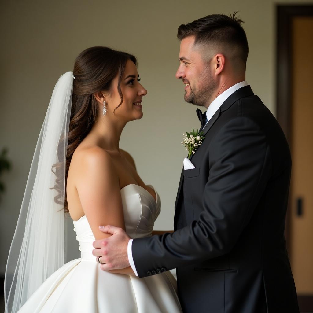 Wedding couple in elegant attire. Man pulls woman closer. Hand on her waist. Bride looks lovingly at him. Groom has a confident smirk. Elegant setting in a soft light ambiance.