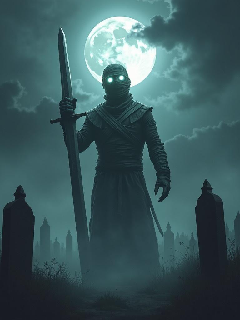 Fog-laden cemetery under a full moon. A menacing mummy with glowing eyes is clutching an oversized sword. Dark moody atmosphere with haunting clouds and tombstones. Evokes dread and supernatural insight. Artwork blends mythological terror with adventure.