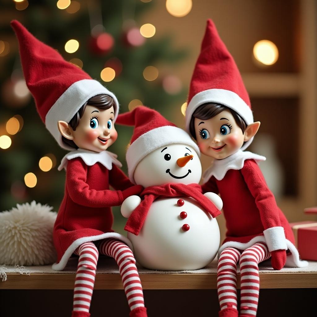 Two cheerful elves in North Pole building a snowman. Elves wear classic red and white outfits. Snowman has a friendly smile and red scarf. Scene captures holiday spirit and warmth.