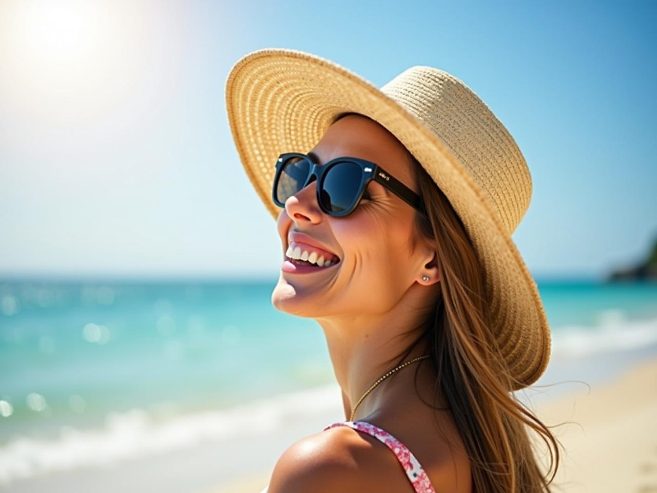 A smiling woman is enjoying a sunny day at the beach. She wears stylish sunglasses and a wide-brimmed straw hat. The ocean waves are gently rolling in the background, and the sun is bright in the sky. Her hair flows in the light breeze, and she has a joyful expression on her face. This image captures the essence of summer and relaxation.