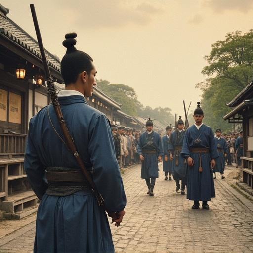 Scene depicting the Ikedaya incident. Samurai in blue garments walking on a cobblestone street. Traditional Japanese architecture in the background. A significant historical event.