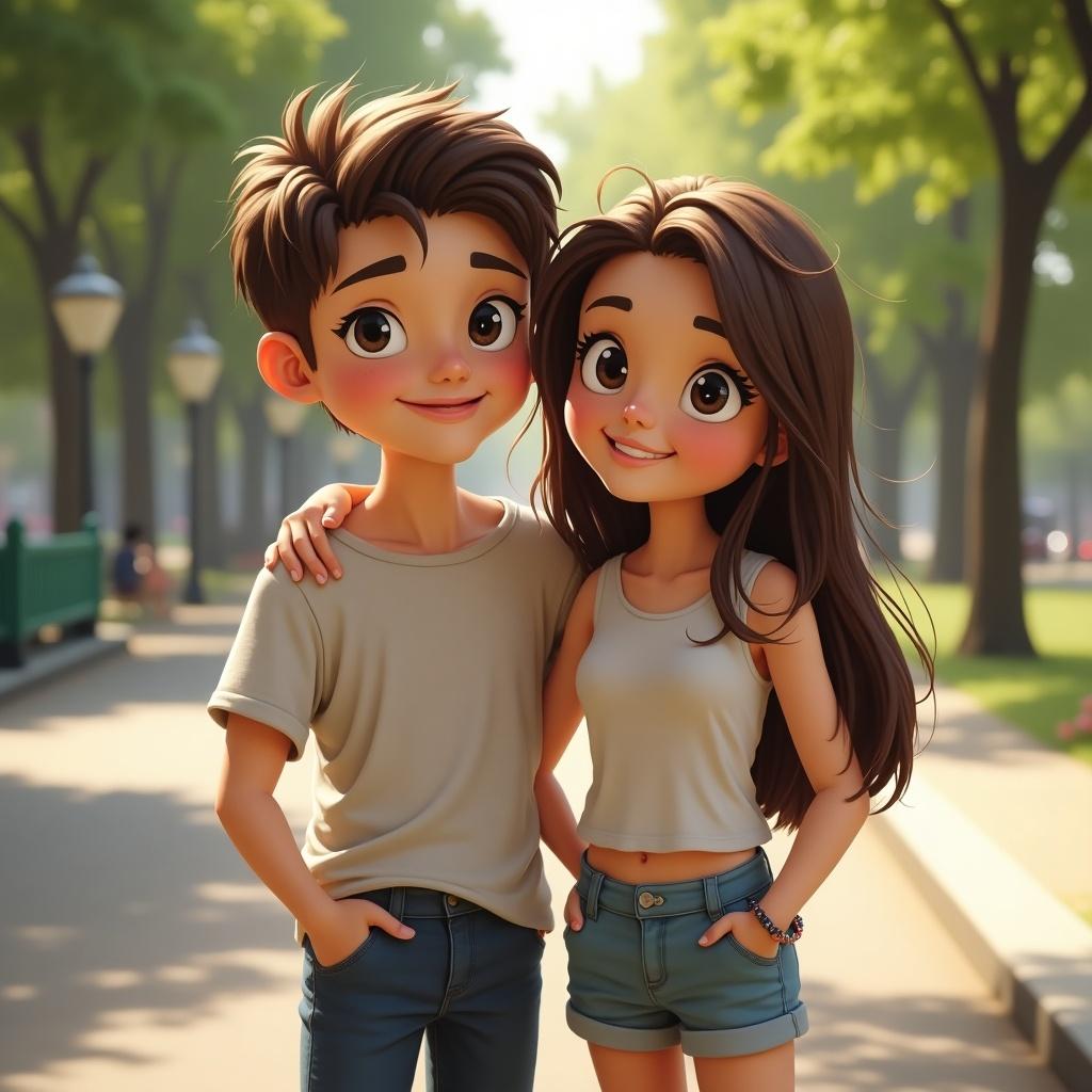 Two animated twins enjoying a sunny day in a park. One twin is a male and the other twin is a female. Both wear casual outfits. The background features green trees and street lamps. Character designs are vibrant and friendly.