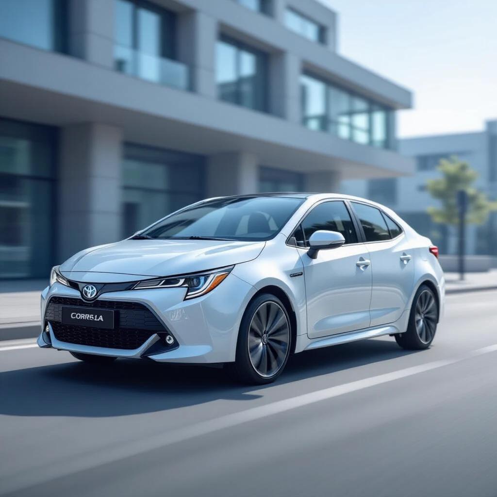 A design concept for the Toyota Corolla 2030. The car is modern and sleek with advanced features. Show the car in a vibrant urban setting with a clear blue sky.