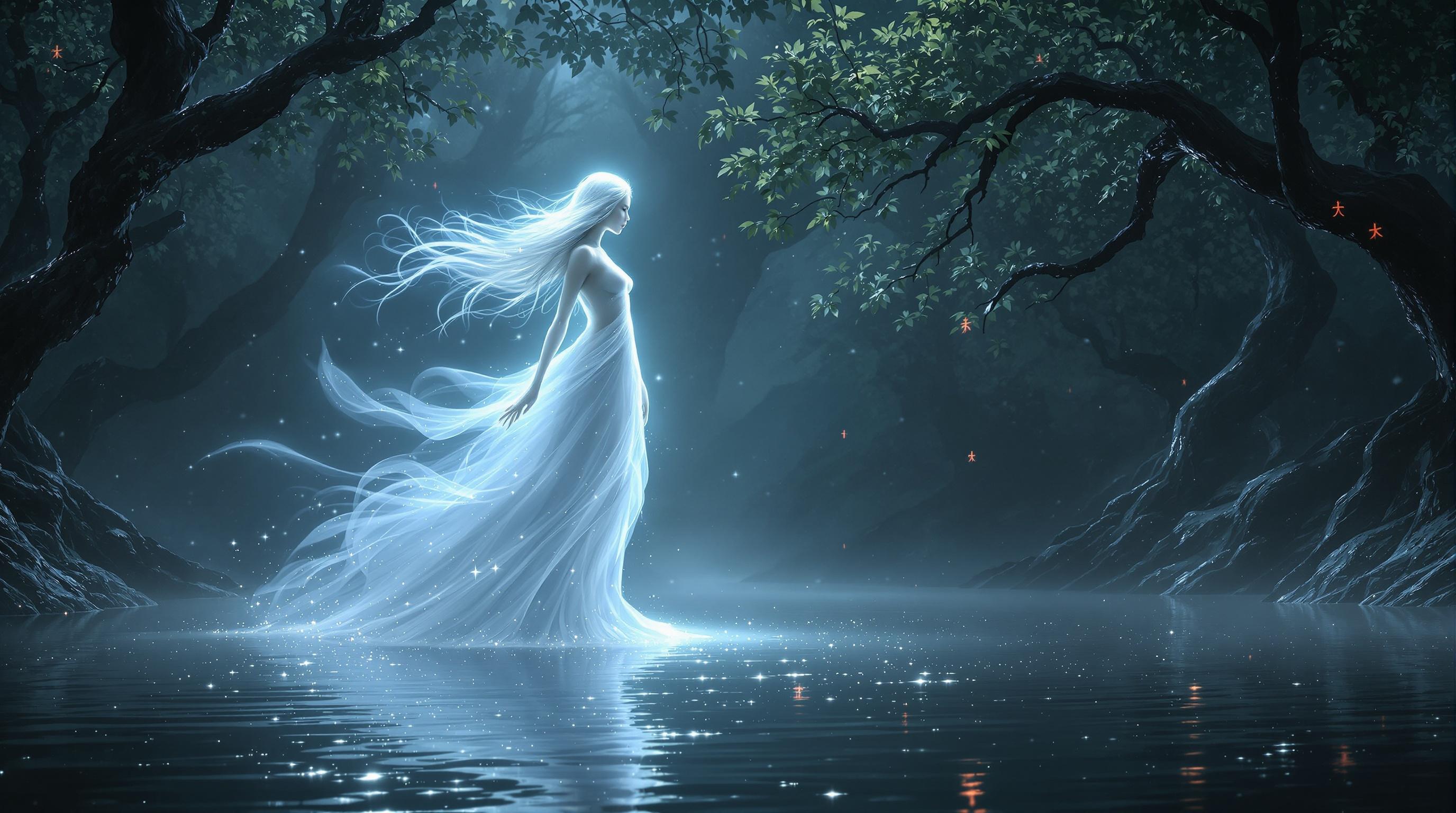 Ultra HD image of an ethereal lake spirit glowing above shimmering waters delivering a wish to a royal couple. Dark forest surrounds the lake with twisted trees and glowing symbols. Atmosphere charged with determination and supernatural power.