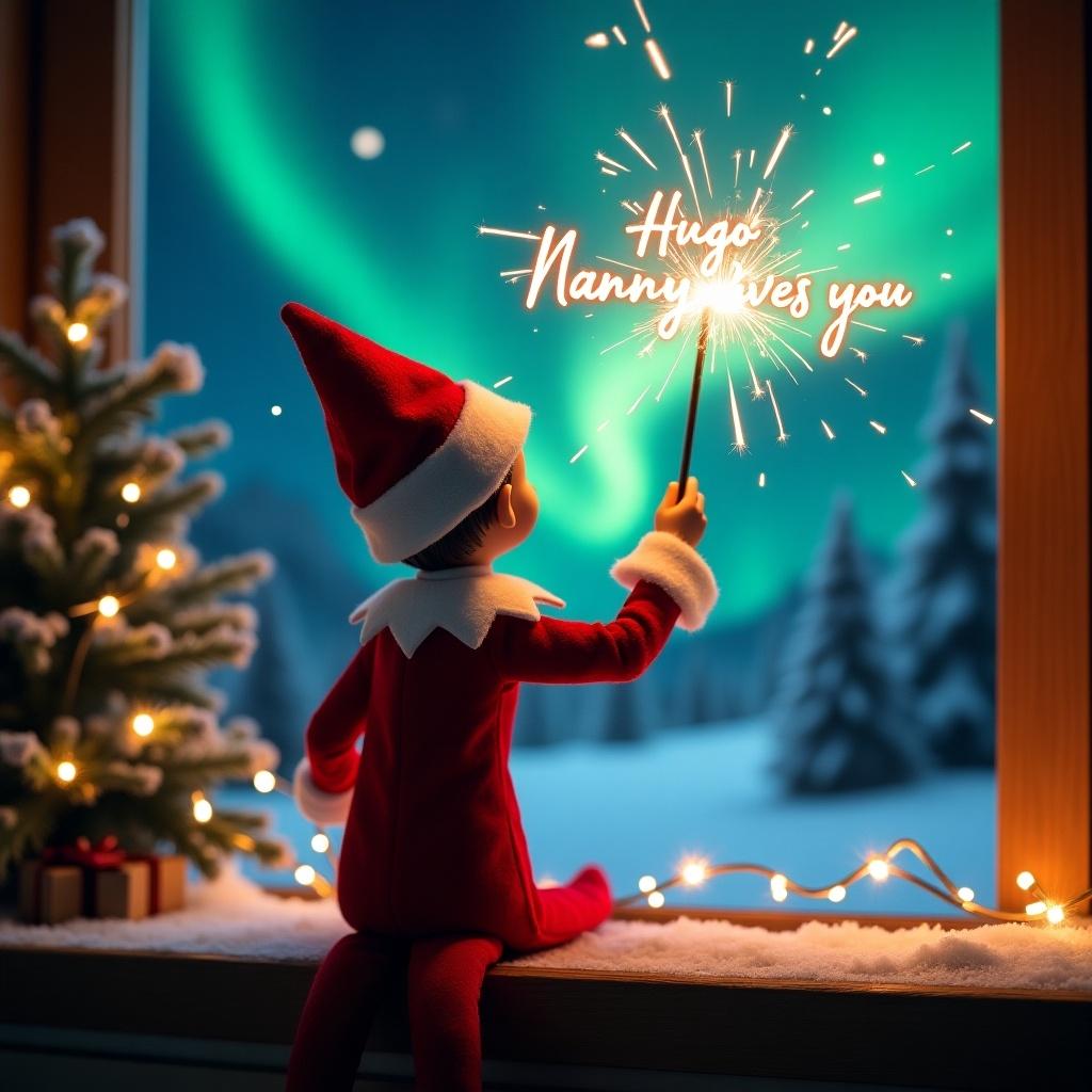 Enchanting Christmas scene with elf on the shelf facing sky. Elf dressed in red and white holding a magic wand. Writing 'Hugo' 'Nanny loves you' with sparkler. Vibrant northern lights in the backdrop. Magical ambiance with festive spirit. Sense of wonder for holiday season.