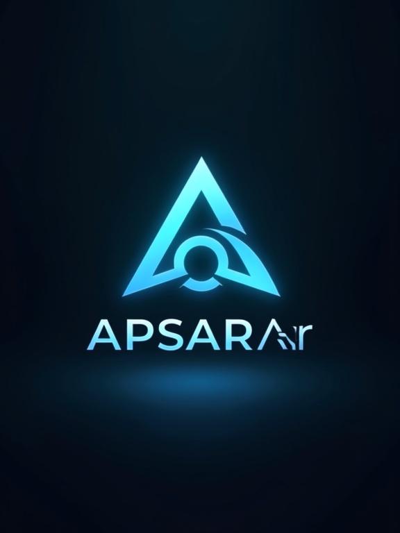 A digital illustration of a sleek modern logo featuring a vibrant neon cyan triangle pointing upwards merging into a circular center with three downward lines. Below the logo is the text APSARAr in a clean sans-serif font illuminated by a soft glow against a dark grey backdrop. The composition conveys innovation and trust in financial management.