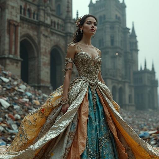 A breathtakingly beautiful woman in an elaborate gown made from repurposed urban waste materials stands regally in front of a majestic castle. The castle is built from discarded trash including rusted metal and cardboard. Her gown is structured with panels of cardboard and plastic films. It features aluminum foil, crushed cans, and broken glass. Layers of nylon and plastic bags ripple with her movements. She wears chains made of twisted wires. Ultra-realistic face shows confidence amidst a moody sky.