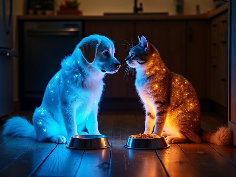 Hyper-realistic photograph of two glowing pets sitting face-to-face in a kitchen. The golden retriever glows electric blue and the gray cat glows electric orange. They have aluminum food dishes in front of them on a wooden floor. The kitchen is dimly lit and cozy with reflections from the glowing pets.