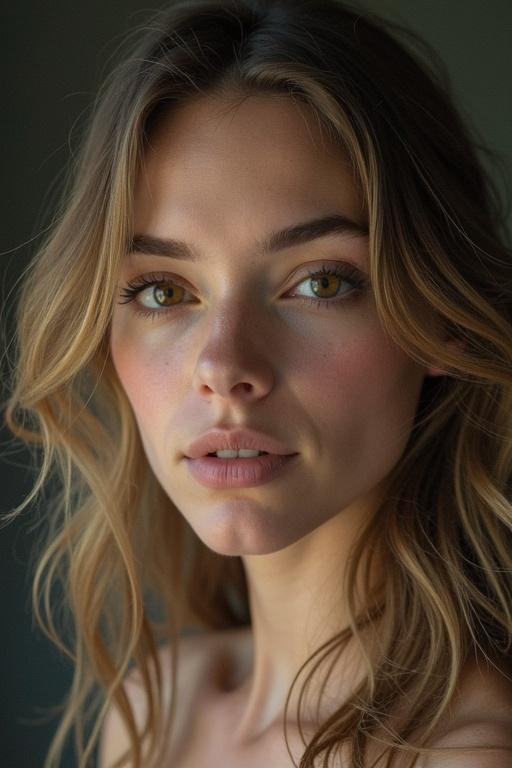 Close-up view of a woman seen from her perspective. Focus on her facial features, especially the eyes and skin.