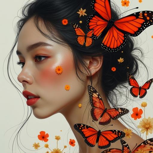 Artistic portrait of a compassionate woman composed of butterflies and flower petals showcasing scorched beauty. The styles resemble Artgerm and Peter Mohrbacher.
