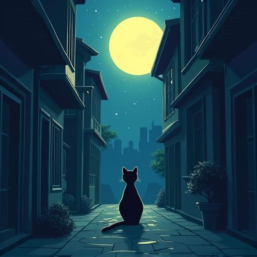 Digital illustration depicting a cat in an alley with a bright moon in the background. The setting is illuminated by moonlight, creating a mystical atmosphere. The cat is shown in silhouette with buildings surrounding the alley.