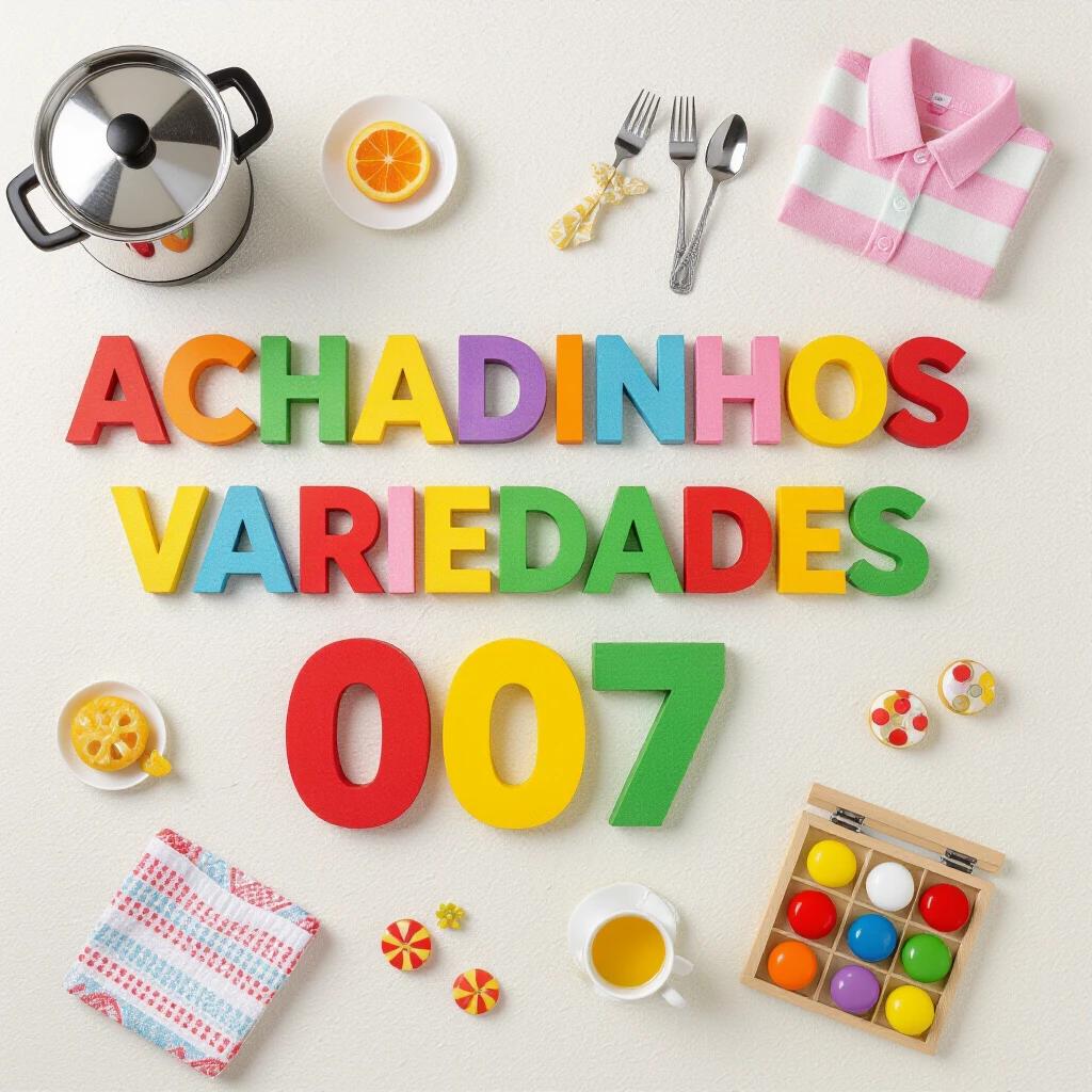 Create a vibrant Instagram image with colorful letters spelling 'Achadinhos Variedades 007'. Letters should be in different colors arranged in a step-like fashion. Surround the lettering with realistic items like an electric pot, frying pan, cutlery, bathrobe, dishware, jewelry, toys, and other assorted items. Use a neutral background to highlight the colorful elements.