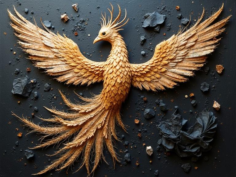 A stunning 3D layered depiction of a phoenix. Created with mixed media materials including newspaper, jute fibers, and wood. Dark background enhances the golden hues of the phoenix. Texture and depth are prominent. Various elements including sand and confetti contribute to the complexity.