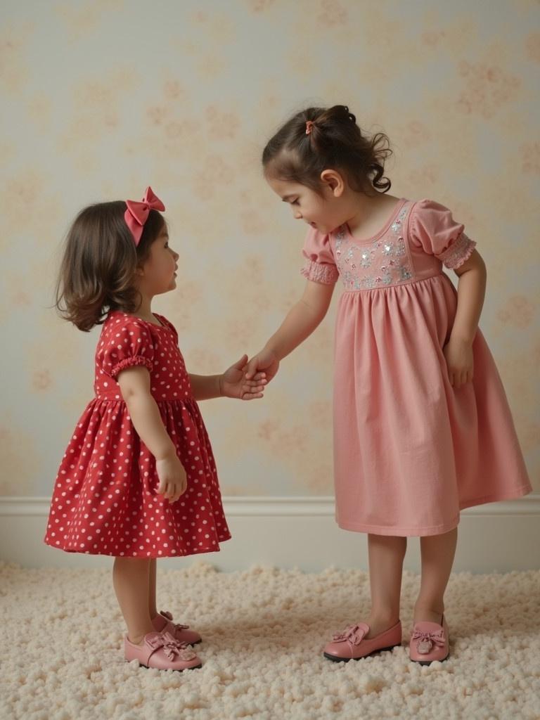 Two little girls in cute dresses interact. One girl wears a pink dress. The other girl wears a red dress with white polka dots. They hold hands and smile at each other. The background is soft and beige. There's a plush rug beneath them.