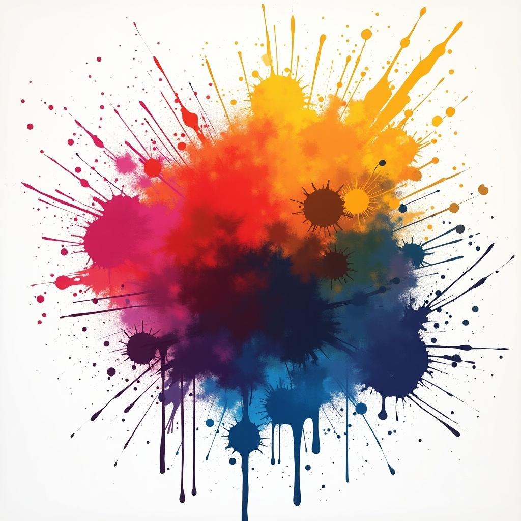 This image features a vibrant paint splatter effect resembling a colorful explosion. It utilizes a diverse palette of colors including red, yellow, orange, blue, and purple. The splashes appear to radiate from a central point, creating an energetic and dynamic visual. The overall composition is flat, without a defined perspective, emphasizing the artistic quality of the paint. This design can be used in various applications, especially for modern digital content.