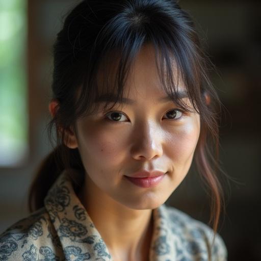 Realistic portrait of a woman in a home environment featuring soft lighting and warm colors