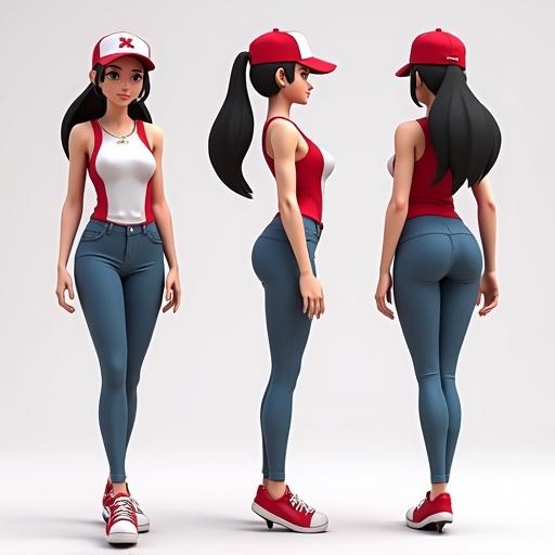 3D image reference of feminine female Pokémon trainer shown from front side and back views. Character has an hourglass shape and stylized body. Rendered using octane software in standard rig pose. Employs high dynamic range lighting with an anime style.