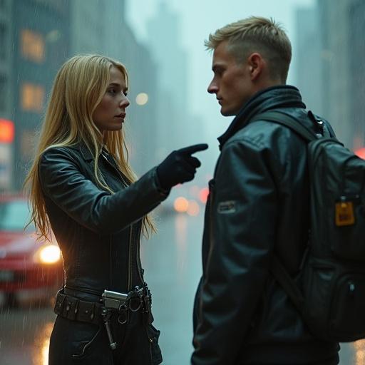 Photography of young woman with long blonde hair. Dressed in a futuristic style with a pistol on her belt. She points at a young man. Scene set in rainy futuristic city. Sad atmosphere typical of cyberpunk genre.