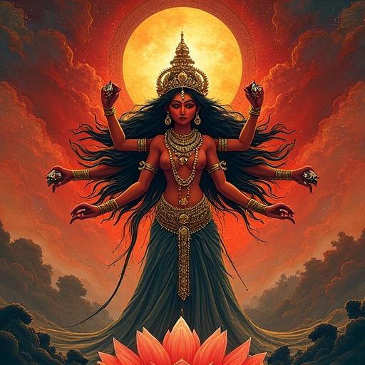 Create a powerful image of the Hindu goddess Kali as a destroyer of evil and a symbol of spiritual transformation. Focus on rich symbolism and awe-inspiring atmosphere. Include a dark reddish-brown Kali standing on a veiled figure. Adorn her with a necklace of severed heads, a girdle of arms, and symbolic swords. Two smaller aspects of Kali should flank her, mirroring the central figure. Display a severed demon head in her hand, a lotus platform beneath her, and snake motifs around her body. Use a background with saturated reds, deep blacks, and gold accents. The composition should be symmetrical and iconographic.