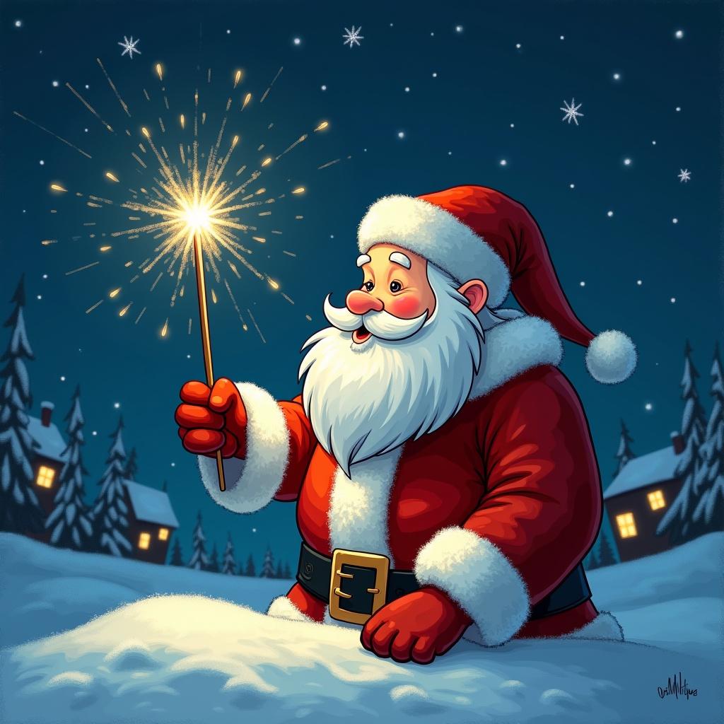 Santa Claus stands in snow wearing a bright red suit. He joyfully holds a sparkling wand. Bright golden sparks shine in the night sky. Snow-covered trees surround him. A peaceful winter scene with glowing windows in the background.