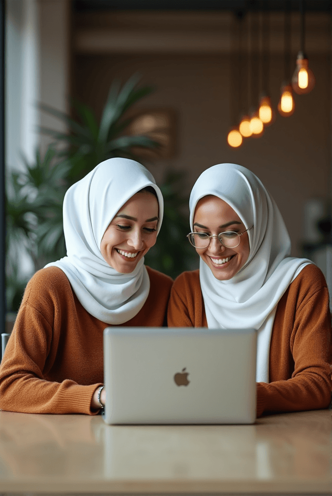 Two women in white hijabs and brown sweaters smile while looking at a laptop together.