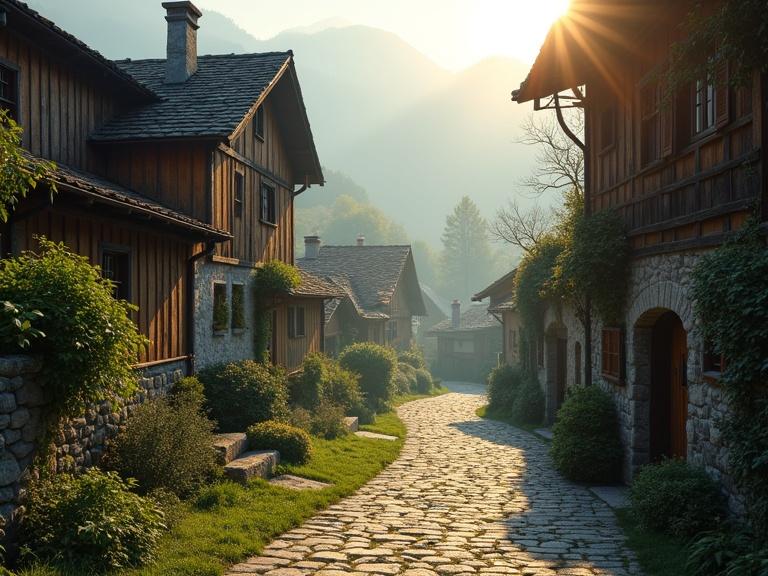 Serene early morning mountain village. Rustic houses with wooden beams. Cobblestone paths meander through the village. Soft golden sunlight casts elongated shadows. Gentle morning mist envelops the landscape. Lush greenery wraps around the village. Tranquil atmosphere prevails as first light brushes the scene.