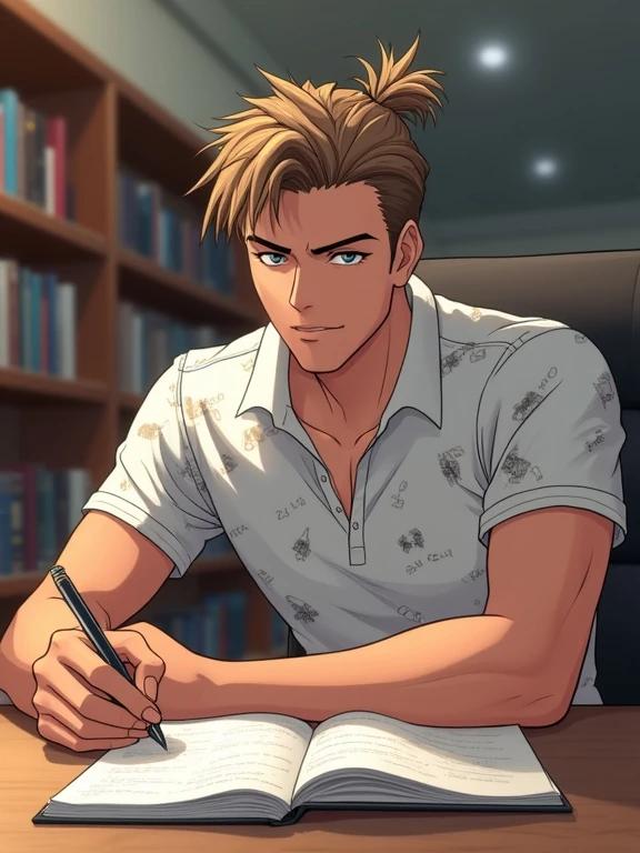 Anime illustration of a young man studying in a library. He has light brown spiky hair with a ponytail. The character wears a printed polo shirt and has muscular arms. He sits at a table with a notebook and pen. The scene is set in a modern Stanford library with bookshelves in the background. The atmosphere is focused and serious as he prepares for a tough math exam.