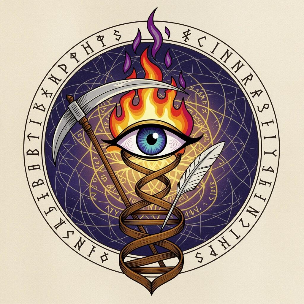 A mystical and arcane insignia drawn in a sober symbolic style. Center has a large flaming eye with dark purple-blue flames above. Below the eye, a scythe intersects with a quill pen. Behind is a DNA-like spiral staircase representing life and soul ascension. Concentric circles with faintly glowing runes are at the back. The emblem is encircled with two lines with 'DEMO' and 'CRUSIA'. Color palette features black, silver, dark blue, and purple on a parchment background.