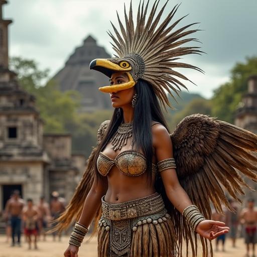 A female dancer from Maya culture performs a ritual in a ceremonial temple space. She wears a detailed eagle-shaped headdress and a beaded top. Her skirt is wrapped with tribal accessories. Her arms have wing-like bands, and the sky is dramatic.