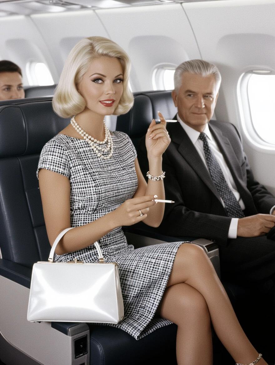 1960s era. Beautiful woman with platinum blonde hair sits on an airplane. She holds a shiny white purse and wears a tight business patterned casual dress. Pearl necklace adorns her. High heels complete her outfit. Cigarette is between her fingers. An older man is seated next to her.