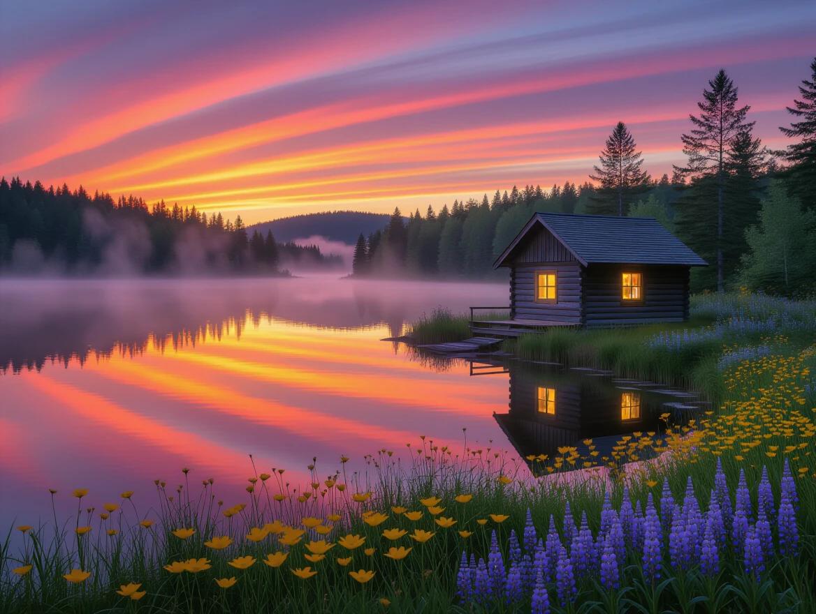 Ethereal dusk landscape with small wooden cabin. Cabin has softly glowing interior. Cabin beside reflective glassy lake. Sky filled with rich orange deep purple magenta sunset colors. Foreground has tall blooming wildflowers. Flowers include pale yellow sapphire blue lavender. Soft mist over distant trees. Painterly detail captures softness of flora and warmth of fading sun.