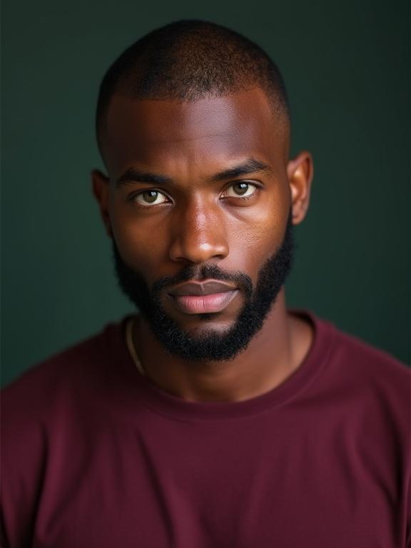 Studio portrait of a young man with green eyes and a beard. He is wearing a burgundy shirt. The background is dark green, highlighting his complexion.